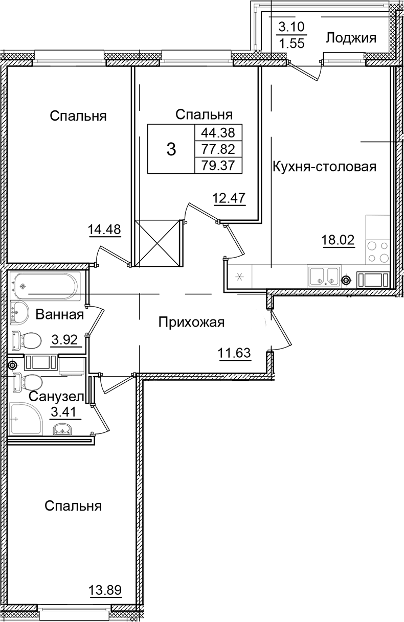 3-комнатная квартира 79.37 м², 4/9 эт., ЖК «Квартал Заречье»